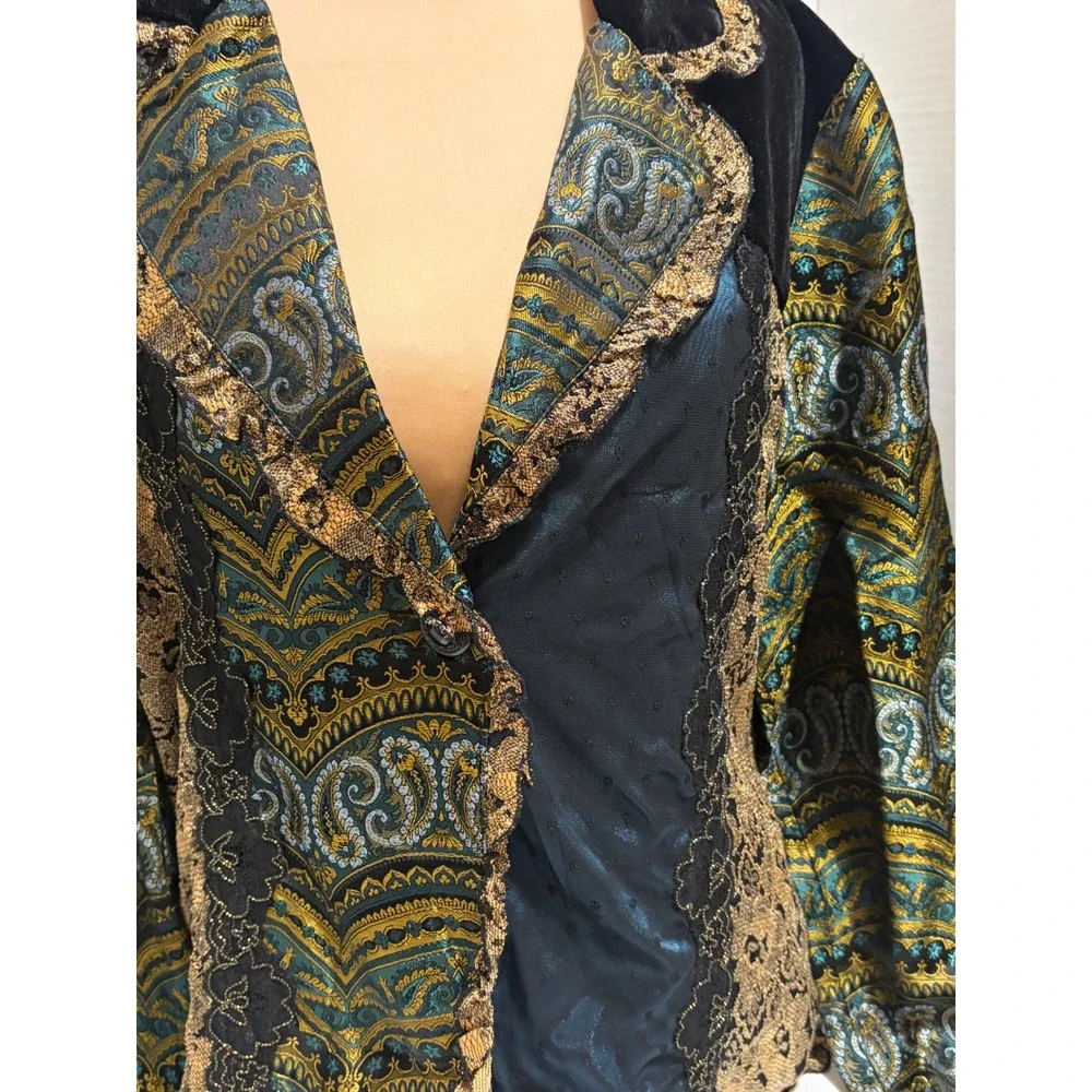 Coldwater Creek Paisley Blazer PM Boho Velvet Lace Teal Gold Romantic Jacket VTG - Picture 3 of 9